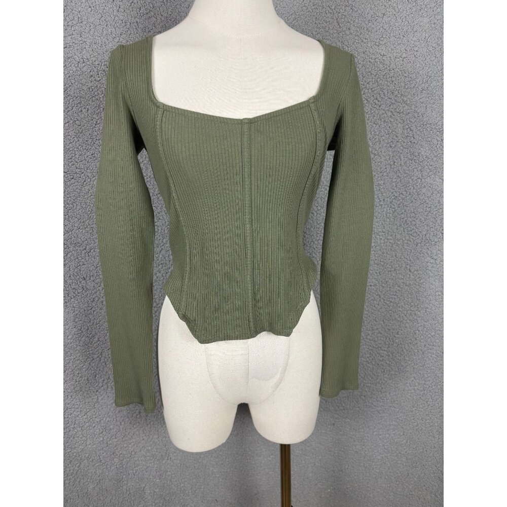 Just Polly Juniors' Women's Ribbed Long Sleeve Square Neck Top Small Green NWOTs